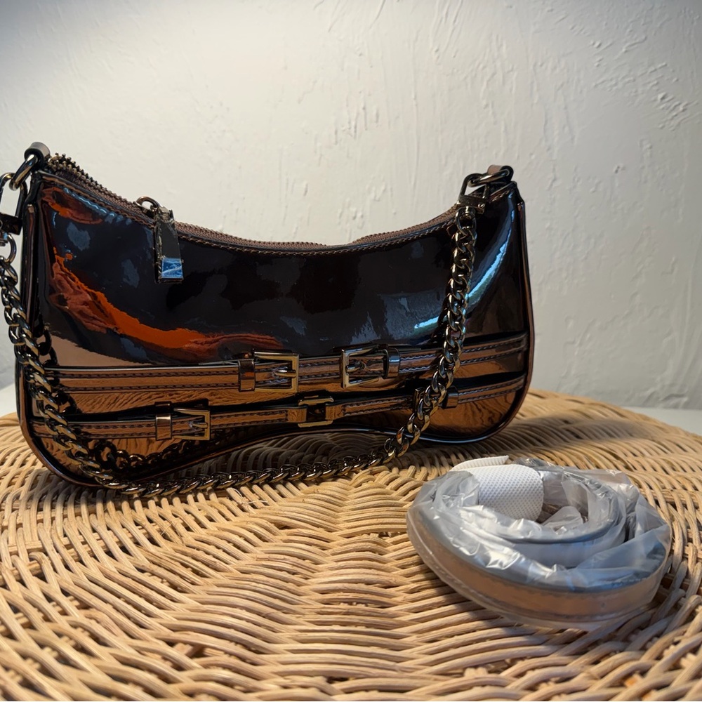 Small Patent Shoulder Bag with Chain Strap in Dark Brown